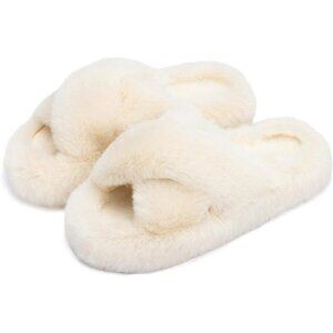 Women's Fuzzy Memory Foam Bedroom Slippers, Beige Cross